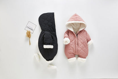 Stevvex baby plush quilted hooded jumpsuits, 2-piece black and pink set with white faux-fur trim on Tampa Home & Garden Store