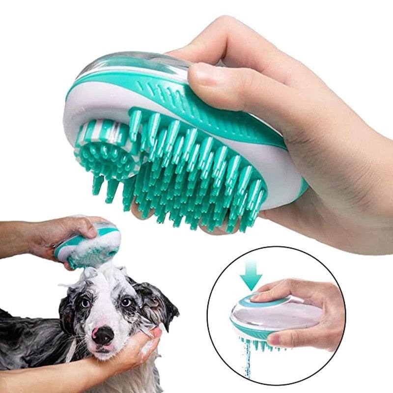 Stevvex Pet Bath Brush 2-in-1 silicone grooming tool with massage bristles shampoo dispenser on Tampa Home & Garden Store