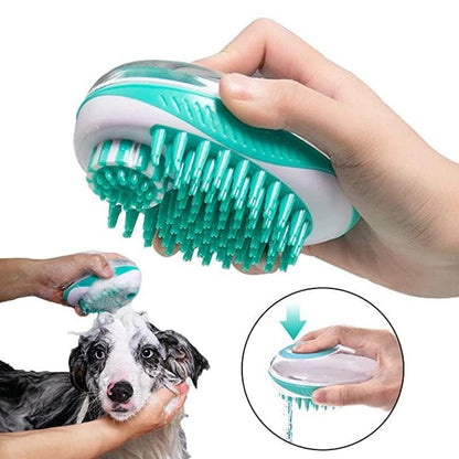 Stevvex Pet Bath Brush 2-in-1 silicone grooming tool with massage bristles shampoo dispenser on Tampa Home & Garden Store