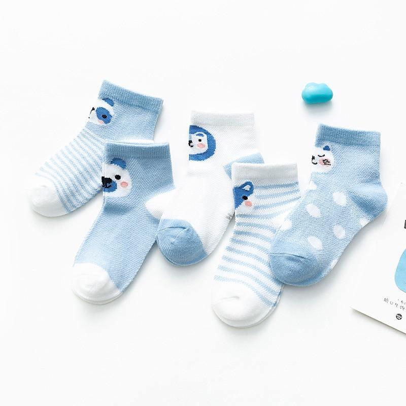 Stevvex 5-pair cotton baby girls socks, blue/white striped cartoon designs, breathable mesh on Tampa Home & Garden Store