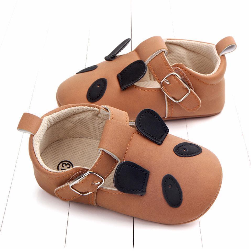 Stevvex baby shoes pair tan leather with black patches and buckle straps for first steps on Tampa Home & Garden Store