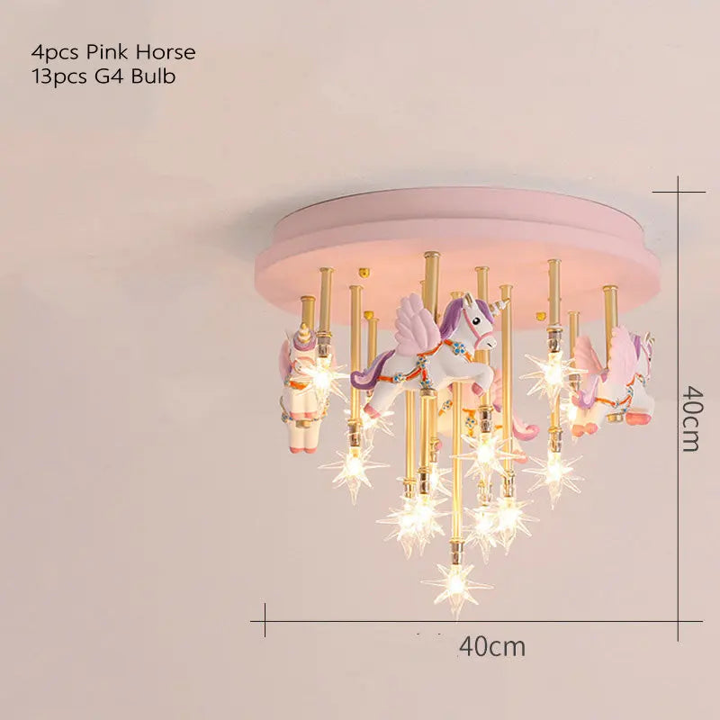 DecorBites Kids Resin Horse Ceiling Light, blue pink LED, 4 horses, 13 G4 bulbs, 40cm on Tampa Home & Garden Store