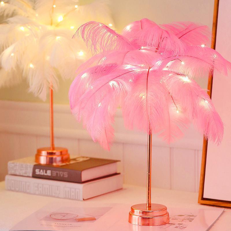 Stevvex feather table lamps pink and white palm trees LED lights USB rechargeable set of 2 on Tampa Home & Garden Store