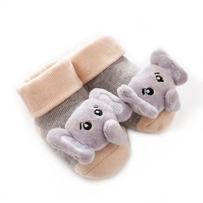 Stevvex cartoon baby non-slip socks, grey with peach cuffs and lilac plush animal shapes, pair on Tampa Home & Garden Store
