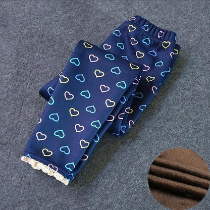 Stevvex kids navy thick leggings with multicolor heart pattern and lace ankle trim on Tampa Home & Garden Store