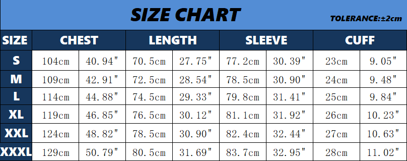 Stevvex men winter fleece jacket size chart showing chest length sleeve and cuff for S-XXXL on Tampa Home & Garden Store