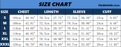 Stevvex men winter fleece jacket size chart showing chest length sleeve and cuff for S-XXXL on Tampa Home & Garden Store