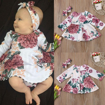 Newborn 2-piece floral long-sleeve dress and headband set in pink peony print by Stevvex on Tampa Home & Garden Store