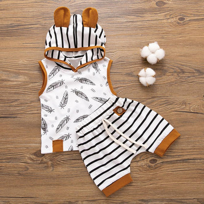 Stevvex baby outfit: feather print sleeveless top with orange trim and striped shorts on Tampa Home & Garden Store