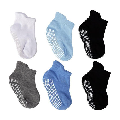 Stevvex baby cotton non-slip boat socks 6 pairs with rubber grips in white, blue, gray and black on Tampa Home & Garden Store