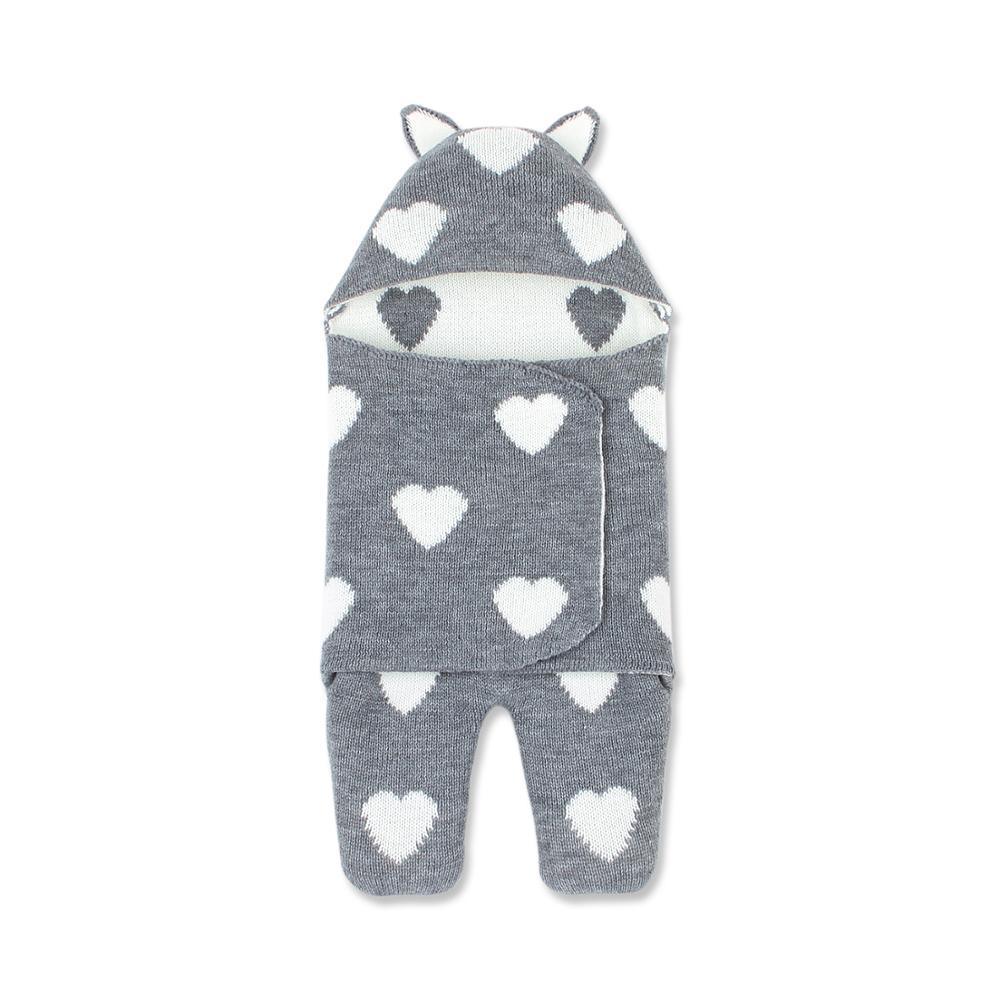 Baby sleeping bag envelope knitted with white heart pattern grey, hood with ears Stevvex on Tampa Home & Garden Store