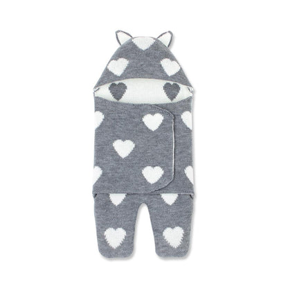 Baby sleeping bag envelope knitted with white heart pattern grey, hood with ears Stevvex on Tampa Home & Garden Store