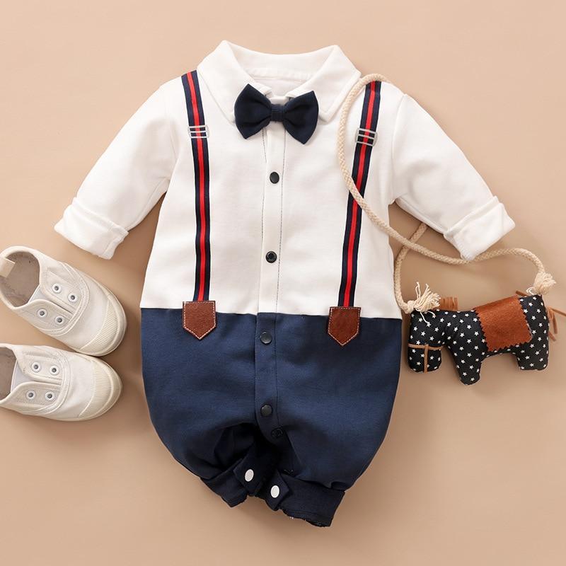 Stevvex baby romper set with white top, navy pants, red navy striped suspenders, bow tie on Tampa Home & Garden Store