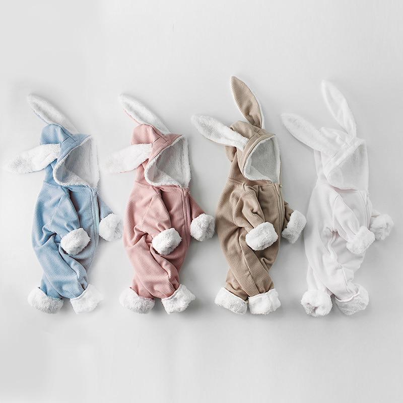 Stevvex baby romper bunny hooded jumpsuit blue pink tan white with fluffy cuffs on Tampa Home & Garden Store
