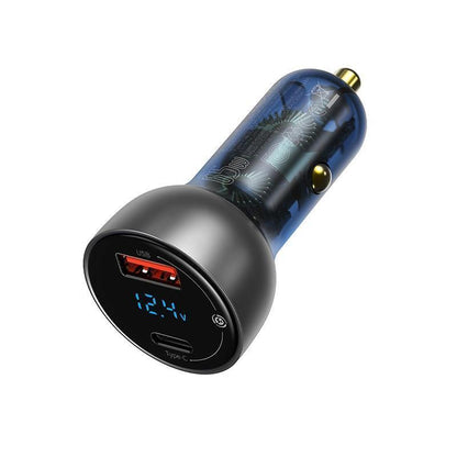 Stevvex 65W USB car charger with QC4.0/QC3.0 and Type-C PD blue transparent body dual ports on Tampa Home & Garden Store