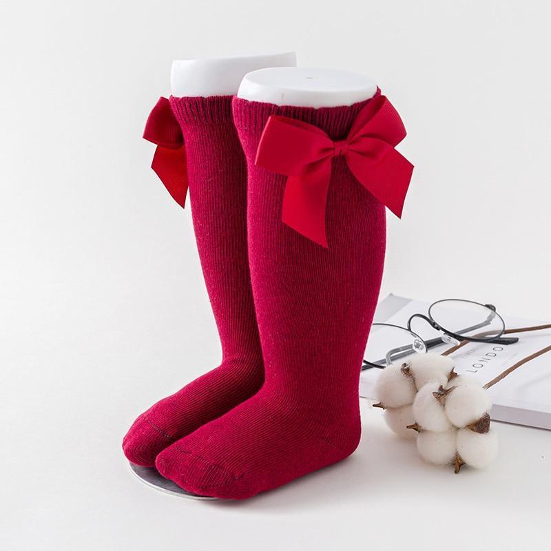 Stevvex baby girls knee-high socks pair in magenta cotton with red bows for toddlers on Tampa Home & Garden Store