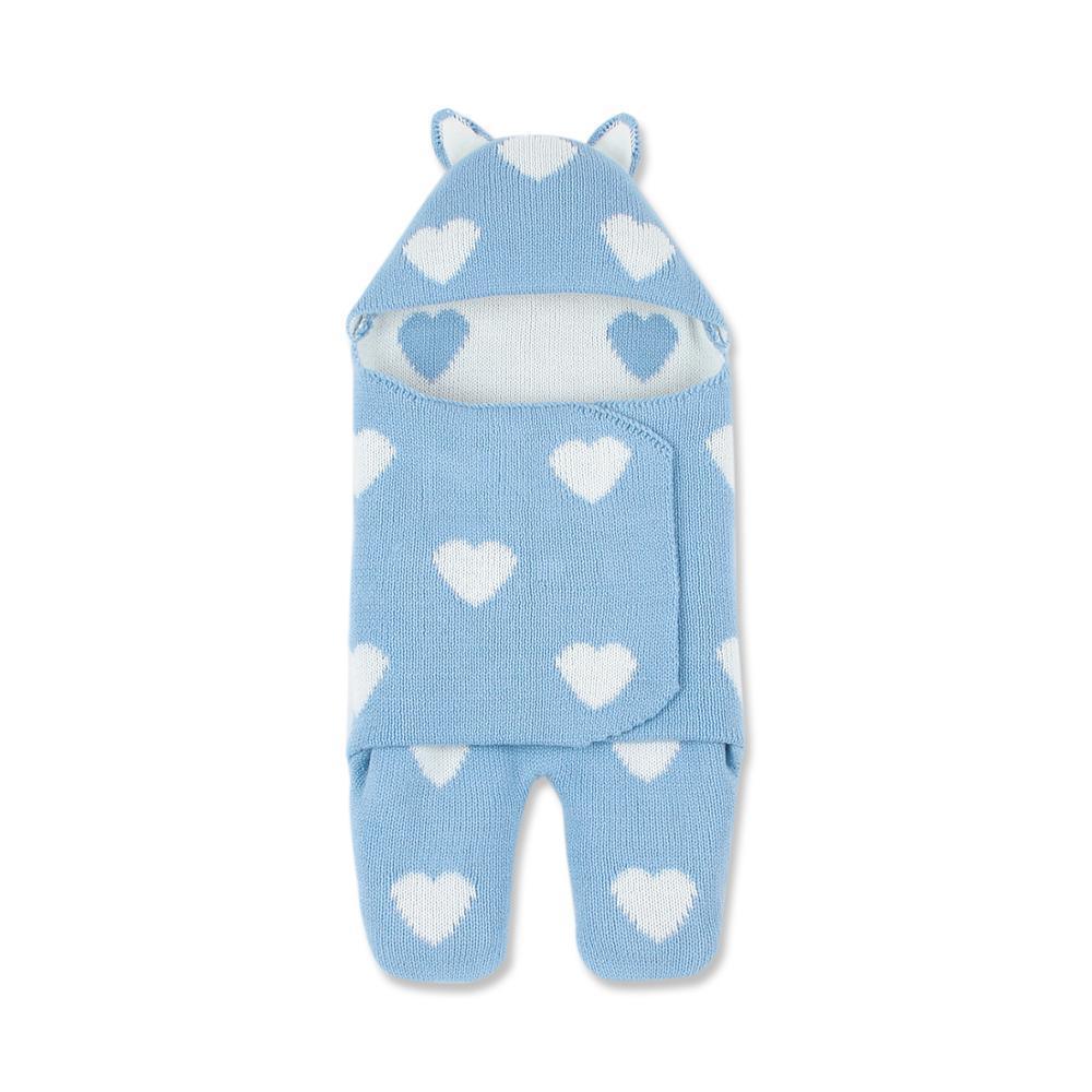 Baby sleeping bag Stevvex blue knitted envelope swaddle with white hearts, hooded on Tampa Home & Garden Store