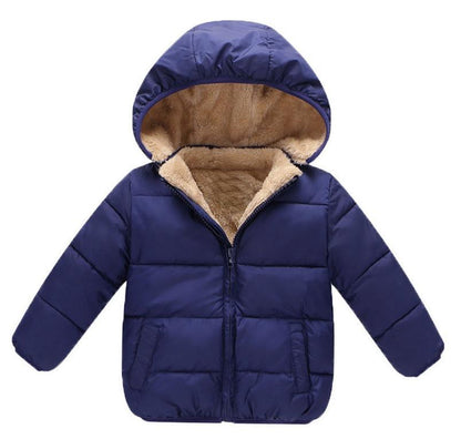 Stevvex newborn navy blue puffer jacket with hood and beige faux shearling lining on Tampa Home & Garden Store