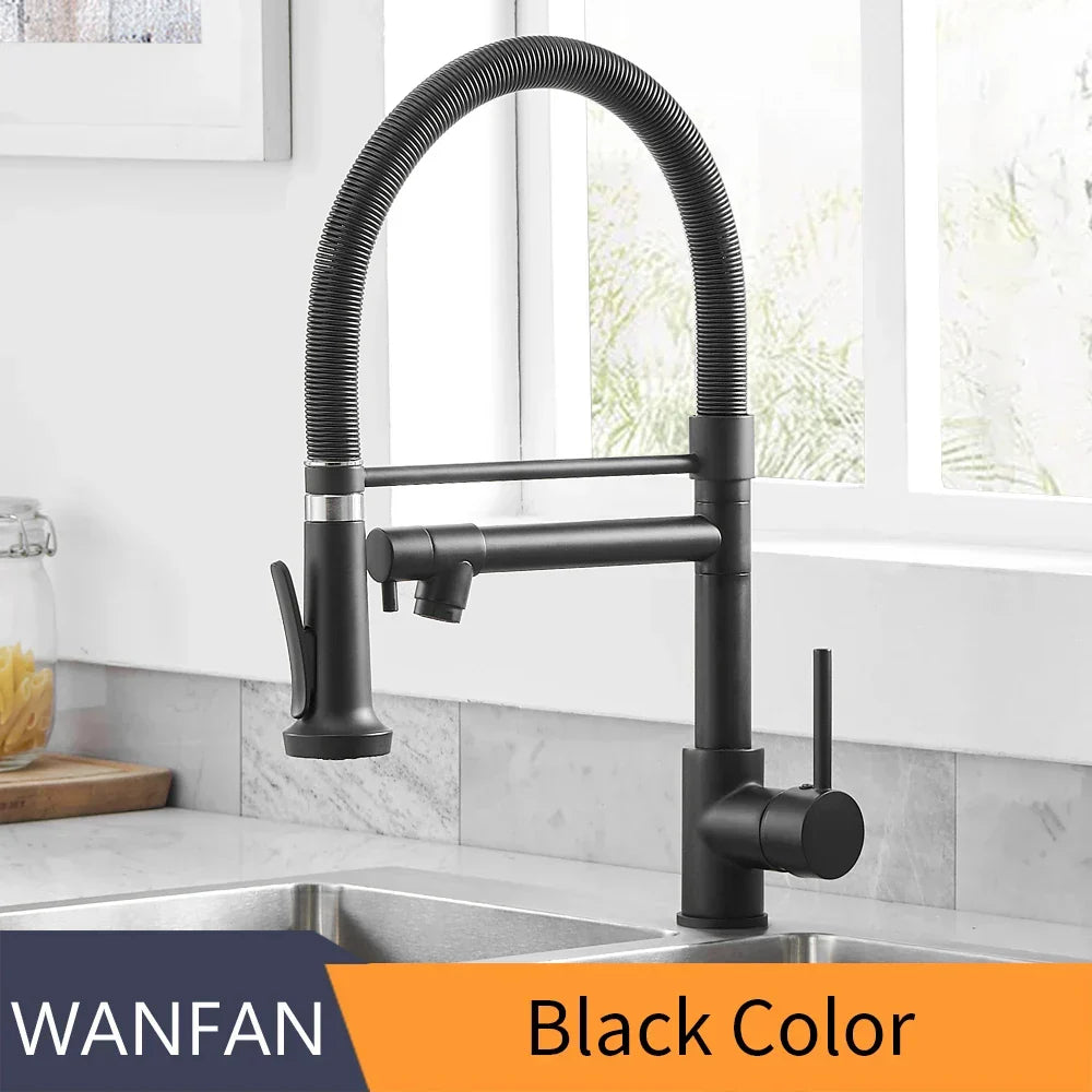 DecorBites black kitchen mixer faucet with spring gooseneck, deck-mounted dual spout hot cold on Tampa Home & Garden Store