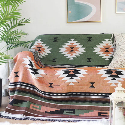 DecorBites Knitted Nordic Plaid Blanket set of 2 in green and rust for sofa decor on Tampa Home & Garden Store