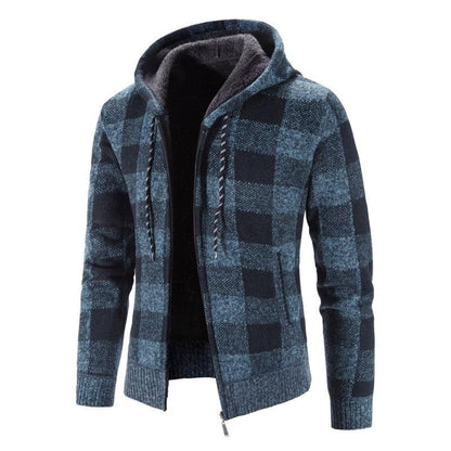 Men's blue plaid zip-up hooded cardigan with fleece lining Stevvex on Tampa Home & Garden Store