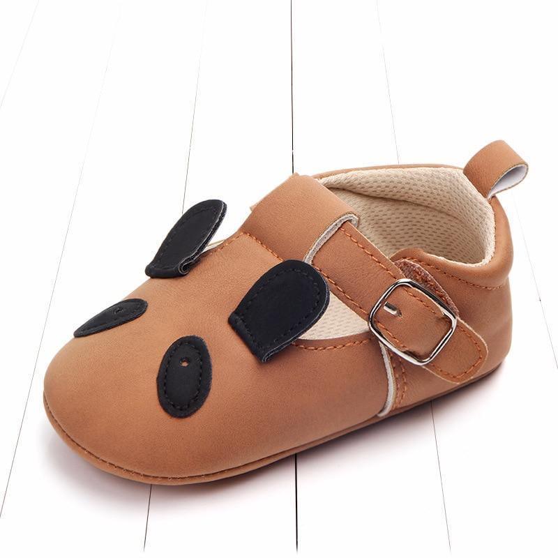 Stevvex panda-face brown leather baby shoes with buckle strap, first walker toddler footwear on Tampa Home & Garden Store