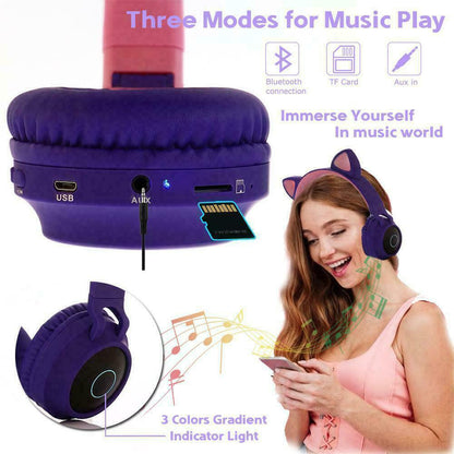 Stevvex on-ear wireless Bluetooth headphones folding pink-purple with mic, USB/AUX, LED on Tampa Home & Garden Store