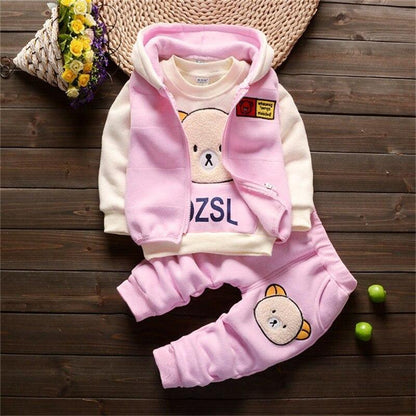 Stevvex baby three-piece pink winter outfit with bear-face sweater and hooded jacket, pants on Tampa Home & Garden Store