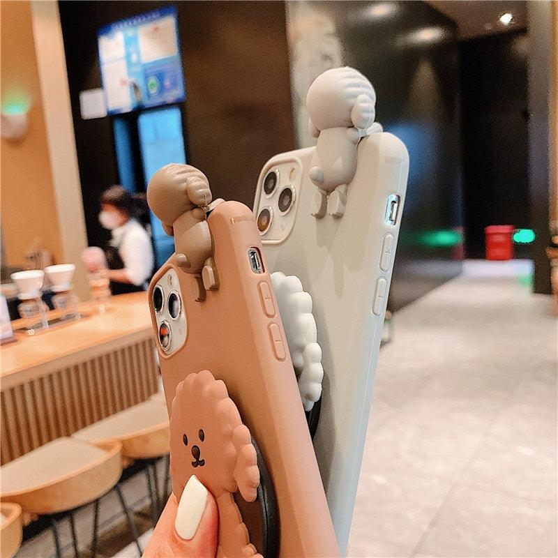 Stevvex 3D Cartoon Dog Mirror Stand silicone iPhone case 2-pack peach gray with lanyard on Tampa Home & Garden Store