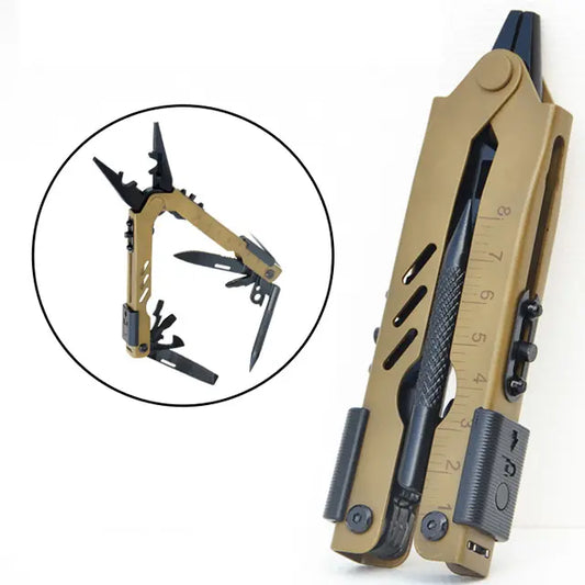 Outdoorzees tan multitool with pliers, knife blades and ruler, view on Tampa Home & Garden Store on Tampa Home & Garden Store