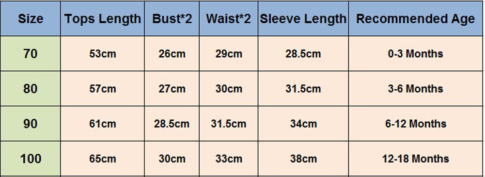 Stevvex baby Christmas romper size chart with 70–100 sizes and key measurements on Tampa Home & Garden Store