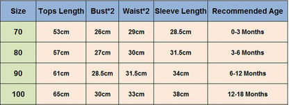 Stevvex baby Christmas romper size chart with 70–100 sizes and key measurements on Tampa Home & Garden Store