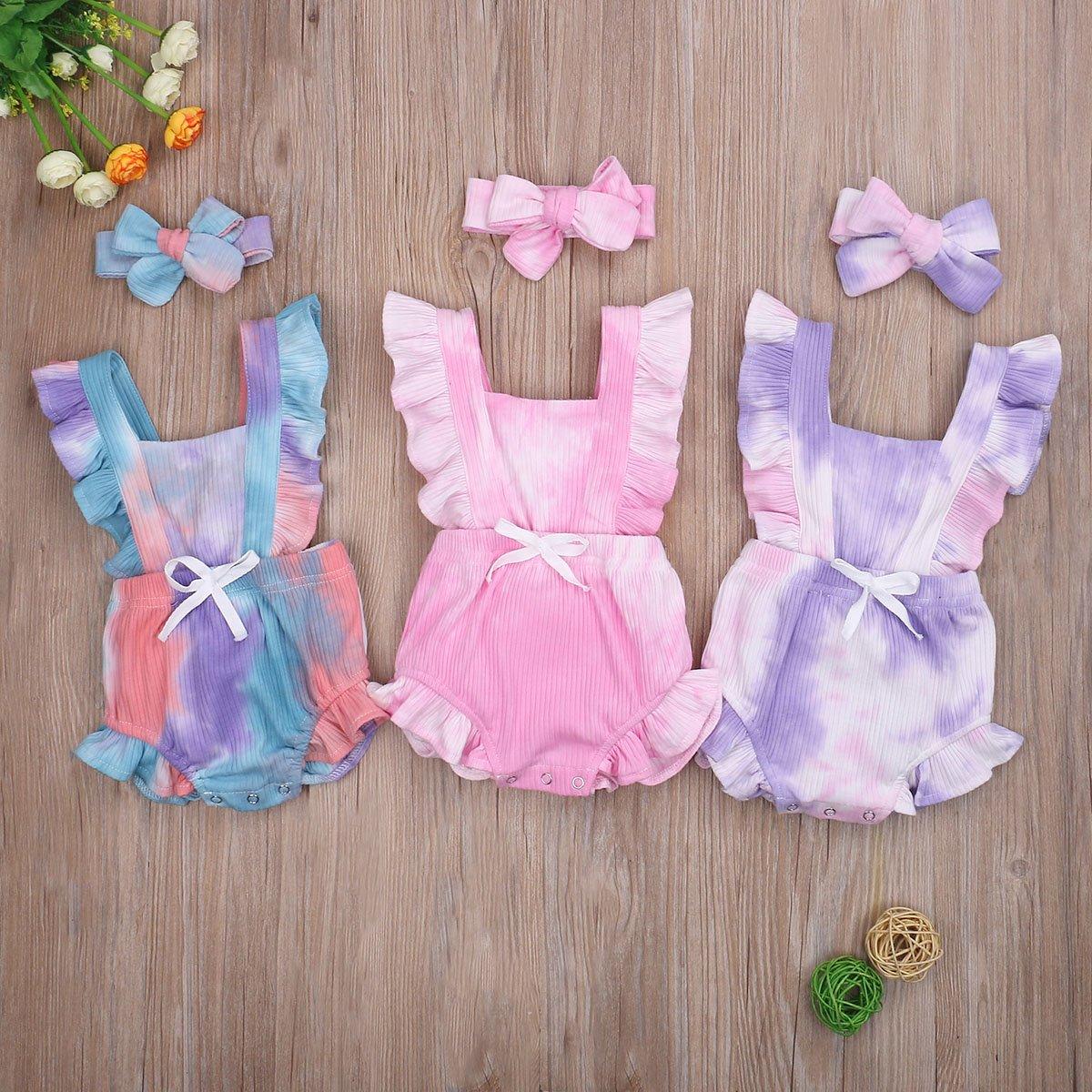 Toddler romper set by Stevvex in tie-dye with headbands; pink, blue and purple; 3-piece on Tampa Home & Garden Store