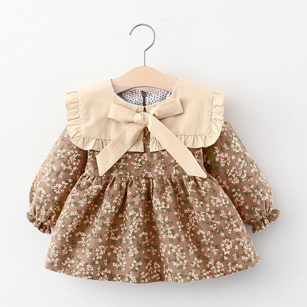 Modern Retro newborn baby dress Stevvex brown floral cotton with beige collar and bow on Tampa Home & Garden Store