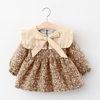 Modern Retro newborn baby dress Stevvex brown floral cotton with beige collar and bow on Tampa Home & Garden Store