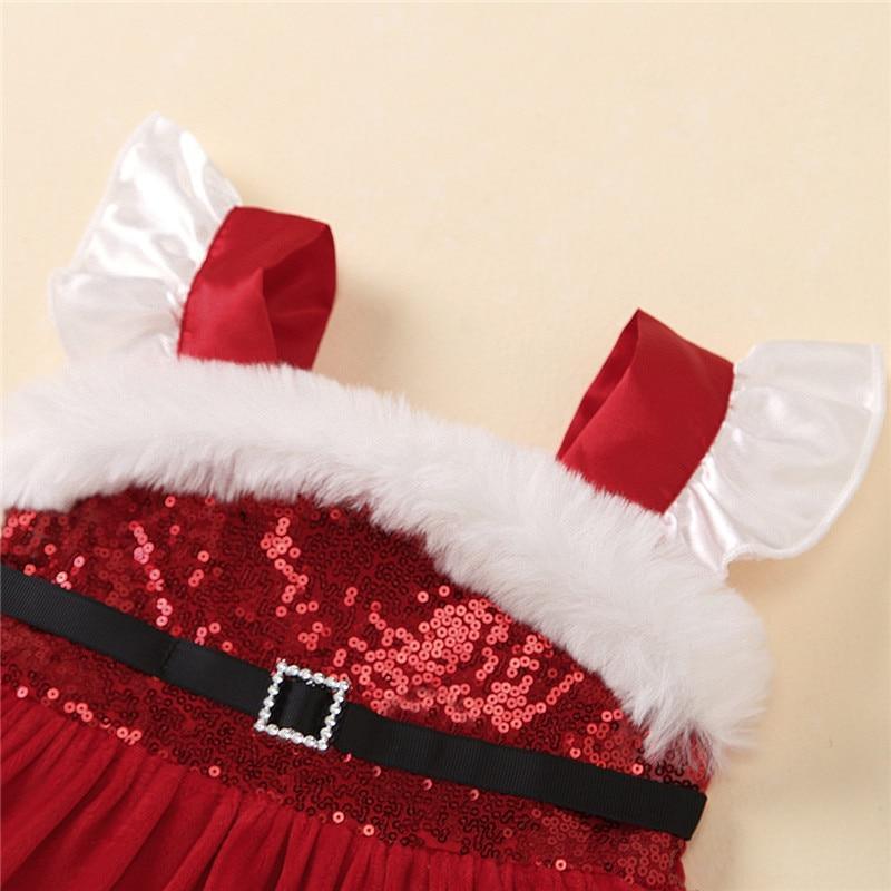 Baby girls Christmas romper dress with red sequins, white faux fur trim, and rhinestone belt on Tampa Home & Garden Store