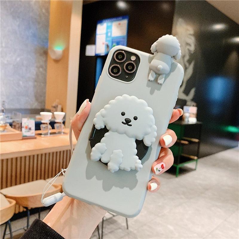 Stevvex 3D dog silicone iPhone case, light gray with white fluffy poodle motif and lanyard on Tampa Home & Garden Store
