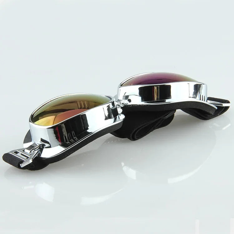 Motorcycle goggles BikerZoneZ chrome frame, mirrored lenses, black strap on Tampa Home & Garden Store