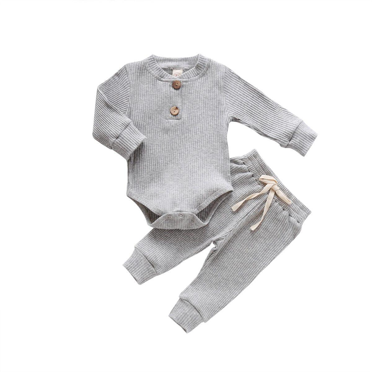 Infant gray ribbed two-piece bodysuit and pants set by Stevvex with wooden buttons on Tampa Home & Garden Store