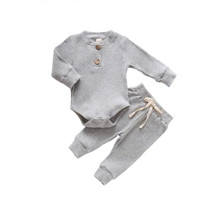 Infant gray ribbed two-piece bodysuit and pants set by Stevvex with wooden buttons on Tampa Home & Garden Store