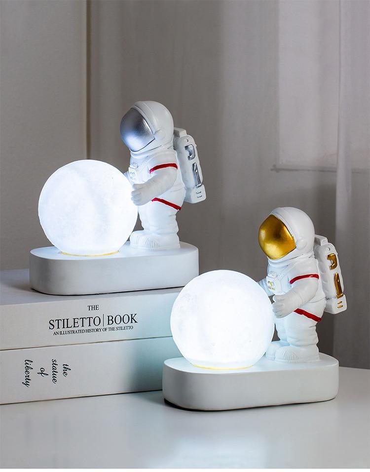 STEVVEX astronaut spaceman moon night light duo with glowing moon orbs on white bases on Tampa Home & Garden Store