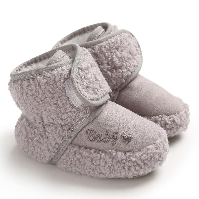 Stevvex newborn plush booties with sherpa trim, light gray pair with embroidered Baby heart on Tampa Home & Garden Store