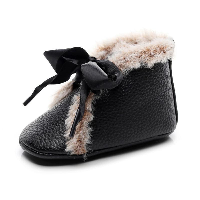 Baby PU boots Stevvex black faux fur lining anti-slip warm walkers bowknot lace-up shoes on Tampa Home & Garden Store