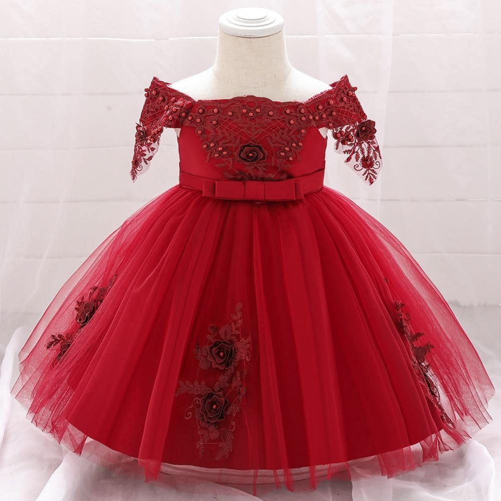 Red lace tutu dress for toddlers by Stevvex with off-shoulder lace bodice and tulle skirt on Tampa Home & Garden Store