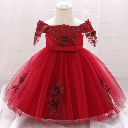 Red lace tutu dress for toddlers by Stevvex with off-shoulder lace bodice and tulle skirt on Tampa Home & Garden Store