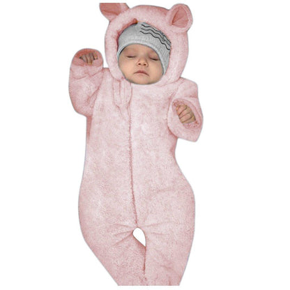 Pink fleece hooded baby romper by Stevvex with bear ears newborn one-piece jumpsuit on Tampa Home & Garden Store