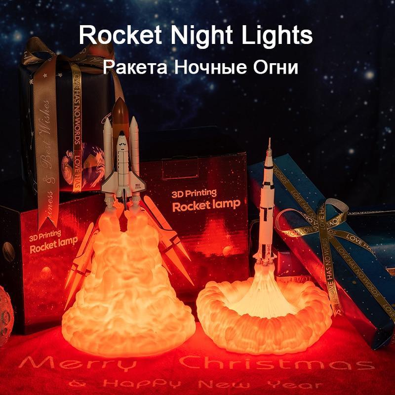 Stevvex 2-pack rocket night lights with 3D printed space shuttle and moon lamps, warm glow on Tampa Home & Garden Store