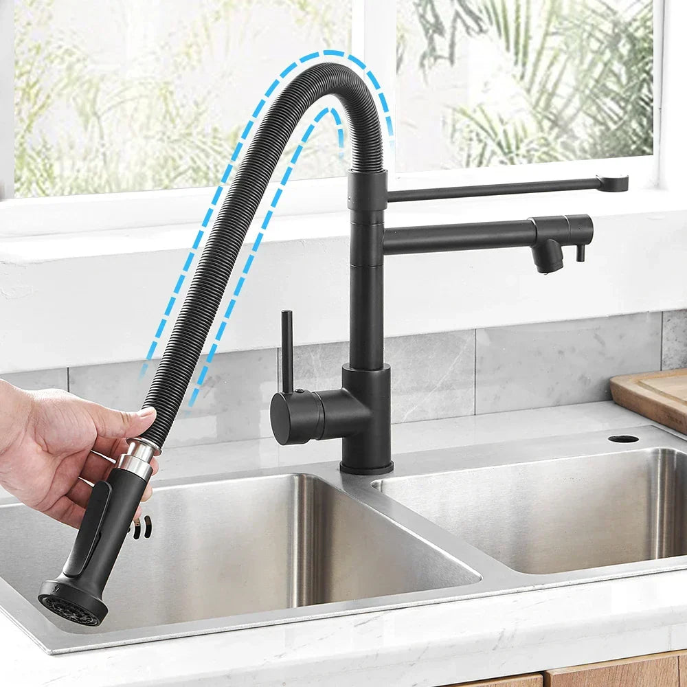 DecorBites kitchen mixer tap black matte with pull-down spray head, deck dual spout on Tampa Home & Garden Store