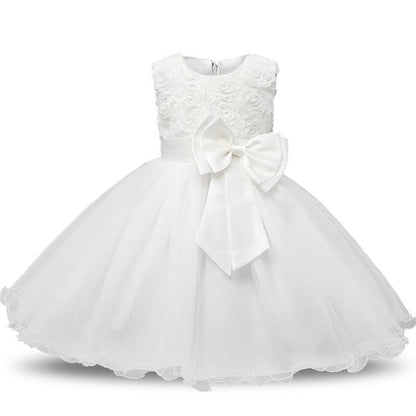 Stevvex white 3D rose lace dress for toddlers with large satin bow and tulle skirt on Tampa Home & Garden Store