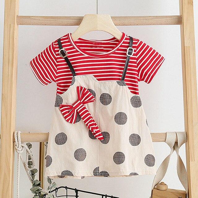Baby girl dress set with red striped tee and beige polka-dot pinafore with striped bow on Tampa Home & Garden Store